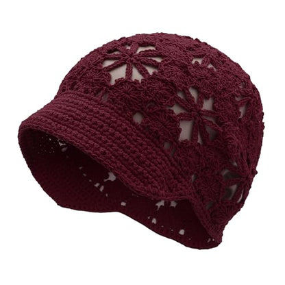 ZLYC Women Summer Slouchy Crochet Hat Handmade Cutout Skull Cap with Visor - color: Plain Burgundy, size: One Size