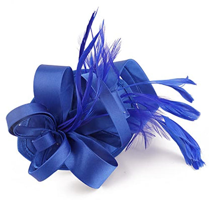 Kentucky Derby Fascinators for Women High Tea Party Hat Wedding Cocktail Flower Headware with Mesh and Feathers - color: Y-blue