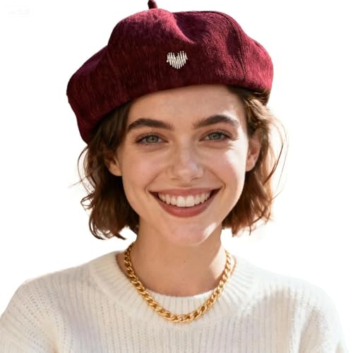 Women's Chenille Beret - Soft & Warm French Hat with Metal Heart Accent for Fall/Winter. - color: Wine Red