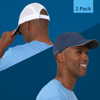 TrailHeads Men's Race Day Running Hat, Quick Dry, Moisture Wicking - color: White & Navy 2-pack