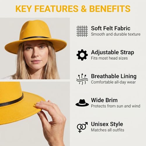Fedora Hat with Belt Buckle Unisex Classic Felt Wide Brim Panama Hats Adjustable Church Jazz Cap for Women Men - color: Yellow