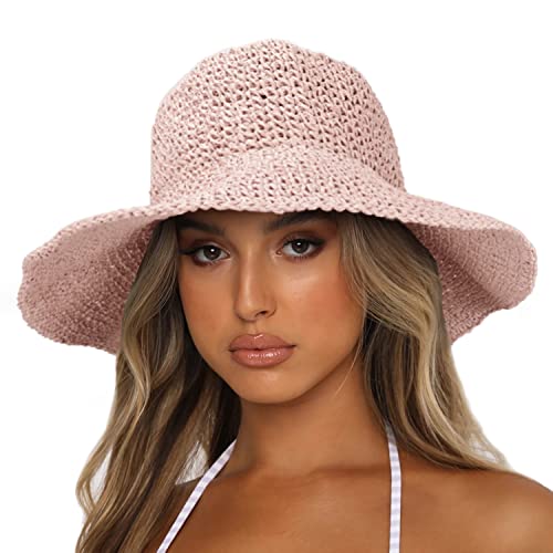 Womens Sun Hats Wide Brim Summer Beach Hat for Women Foldable Travel Straw Hat UPF50+ - color: A-pink