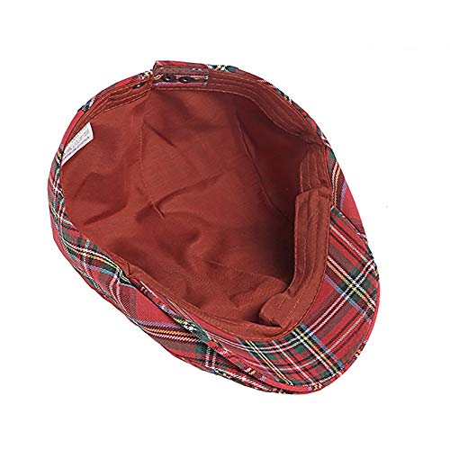 Gudessly Mens Adjustable Colorful Striped Plaid Ivy Newsboy Cabbie Gatsby Golf Cap Flat Cotton Hat Thin Cap - color: T-red