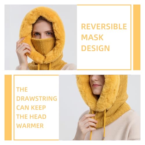 Womens Winter Hats, Warm Hooded Scarf Hat for Women, Fleece Beanie Hat with Drawstring, Balaclava Knit Skull Cap - color: Ginger