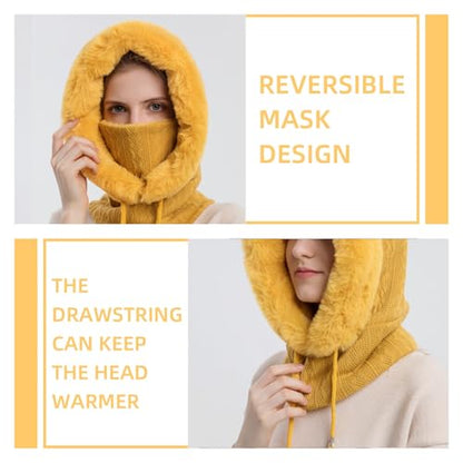 Womens Winter Hats, Warm Hooded Scarf Hat for Women, Fleece Beanie Hat with Drawstring, Balaclava Knit Skull Cap - color: Ginger