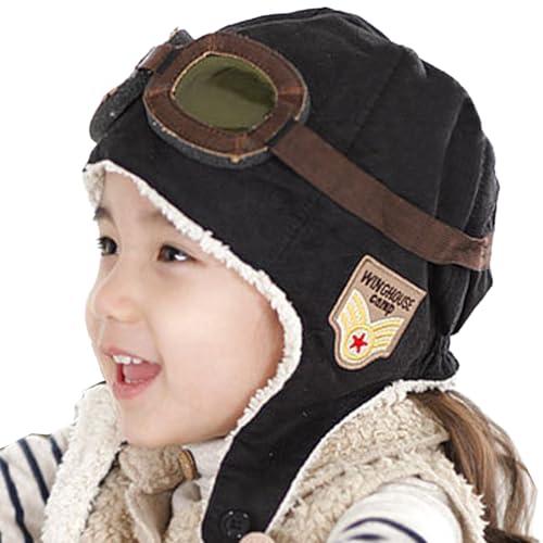 Unisex Baby Kids' Pilot Aviator Fleece Warm Hat Cap with Earmuffs - color: Black