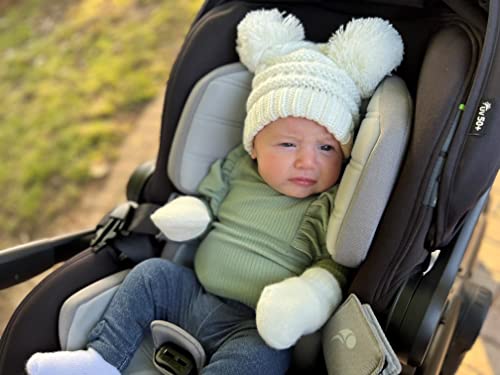 Funky Junque Baby Double Faux Fur Pom Pom Beanie & Mittens Set – Newborn Infant 0–9 Months Winter Hat with Soft Lined Mittens - color: Ivory (0-9 Months)