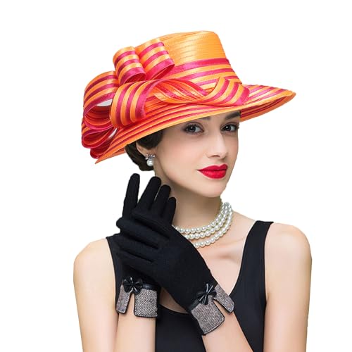 Women Derby Church Dress Fascinator Wide Brim Hats 1920s Vintage Tea Party Wedding Cloche Bowler Hats - color: Rose/Orange