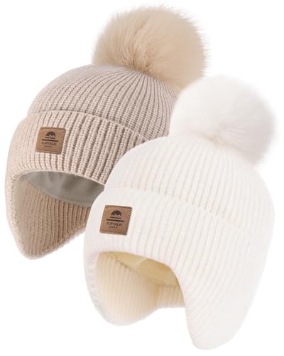 FURTALK Baby Toddler Winter Hat Fleece Lined Beanie Earflaps Outdoor - color: White+light Khaki, size: 6-24 Months