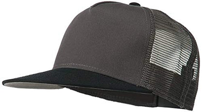 Ashen Fane 5 Panel Flat Visor Mesh Back Trucker Snapback Hat - color: Blk/Ch.gry/Ch.gry
