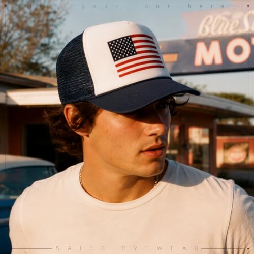 American Flag Patriotic USA Classic 5 Panel Mesh Snap Back Trucker Hat - color: Navy - Flag