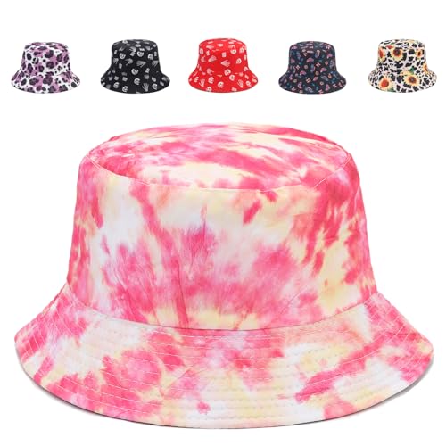 Reversible Bucket Hat for Women Summer Travel Fisherman Cap, Girls Cute Double Side Wear Bucket Cap - color: Tie Dye Pink