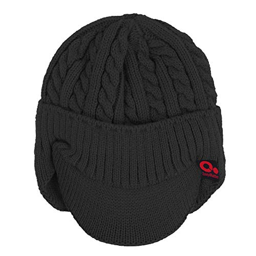 Women's Winter Cable Knitted Visor Beanie Fleece Lining Ear Flap Baseball Cap Hunting Trapper Hat with Billed - color: Black