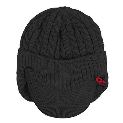 Women's Winter Cable Knitted Visor Beanie Fleece Lining Ear Flap Baseball Cap Hunting Trapper Hat with Billed - color: Black