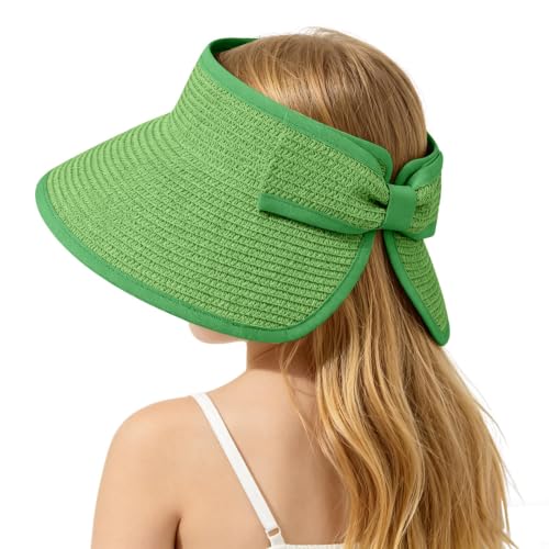 ZOORON Girls Straw Sun Visor Hat, Wide Brim Ponytail Beach Hat with Bow - color: Grass Green