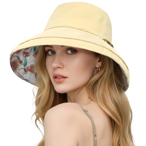 HUAMULAN Women Wide Brim Reversible Sun Hat Summer Beach Fishing Bucket - color: Yellow Floral