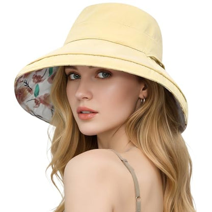 HUAMULAN Women Wide Brim Reversible Sun Hat Summer Beach Fishing Bucket - color: Yellow Floral