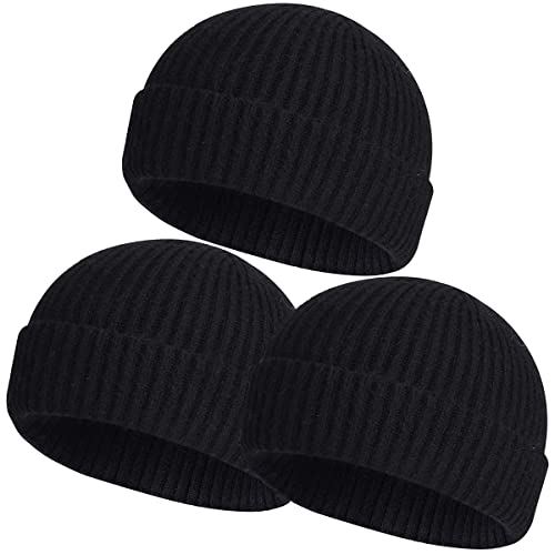 vidsel Wool Knit Cuff Short Fisherman Beanie for Men Women, Winter Warm Hat - color: Black,black,black