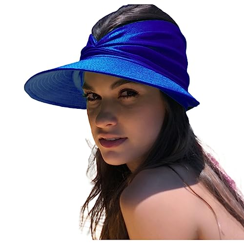 Sun Hat Women Beach Visor Cap UV Protection with Wide Brim Packable Summer Sport Ponytail Sun Cap - color: Blue