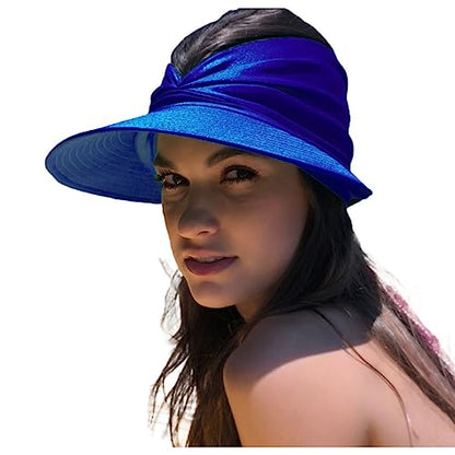 Sun Hat Women Beach Visor Cap UV Protection with Wide Brim Packable Summer Sport Ponytail Sun Cap - color: Blue