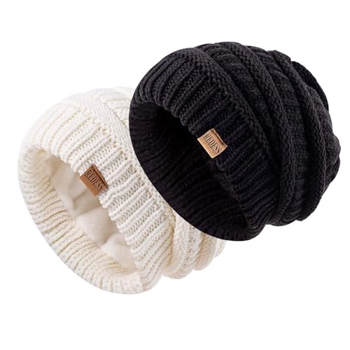 REDESS Slouchy Beanie Hat for Men and Women Winter Warm Knit Hat Chunky Soft Oversized Cable Cap - color: Black+white