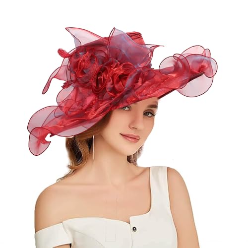 Women Oganza Sun Hat Church Wide Brim Wedding Formal Fascinator Hat - color: Wine Red