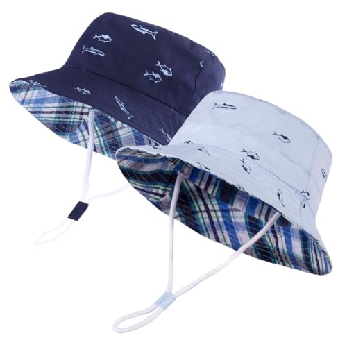 LANGZHEN Sun Protection Hat for Kids Toddler Boys Girls Wide Brim Summer Outdoor hat Cotton Baby Bucket Hat with Chin Strap - color: Blue Little Fish+navy Little Fish, size: 3-6 Months
