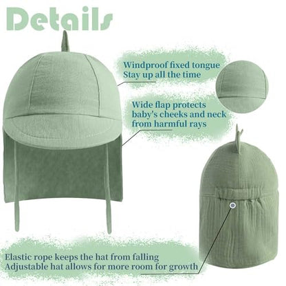 Baby Boys Girls Sun Hat 100% Cotton Flap Hat,Toddler Kids Hats with Neck Protection,Summer Essentials for Baby - color: Cotton Yarn Green Dino, size: 6-12 Months