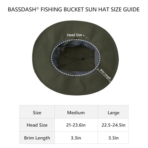 BASSDASH UPF 50+ Fishing Sun Hat Water Resistant Unisex Wide Brim Bucket Boonie Hat for Hiking Camping Safari FH15 - color: Army Green, size: Large