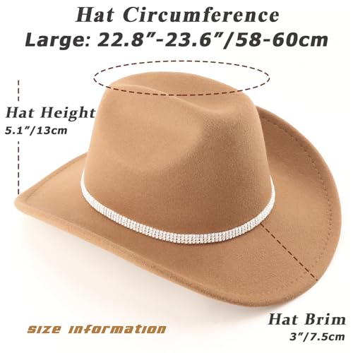 Western Cowboy Hats for Women Classic Felt Wide Brim Fedora Hat with Belt Buckle Retro Panama Hat Unisex Rolled up Cap - color: 1 Pack : Camel With 3 Rhinestones Bands