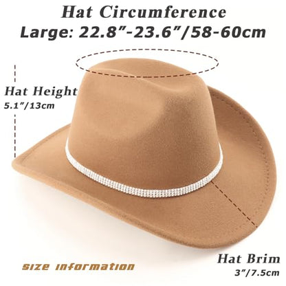 Western Cowboy Hats for Women Classic Felt Wide Brim Fedora Hat with Belt Buckle Retro Panama Hat Unisex Rolled up Cap - color: 1 Pack : Camel With 3 Rhinestones Bands