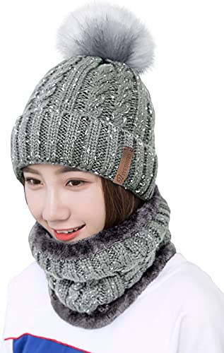 IYEBRAO Womens Winter Knit Beanie Hat and Scarf Set Girls Cute Slouchy Thick Fleece Lined Ski Hat Warm Skull Cap with Pom - color: Light Grey