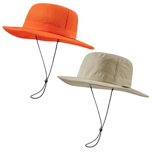 UPF 50+ Bucket Sun Hat with Laser Perforated Mesh Cooling Adjustable Breathable Lightweight for Outdoor Men Women - color: Khaki & Orange