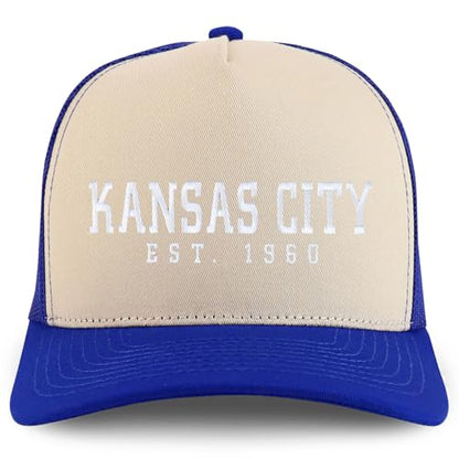 Trendy Apparel Shop KansasCity Est.1960 Embroidered 5 Panel Snapback Trucker Cap - color: Stone Royal