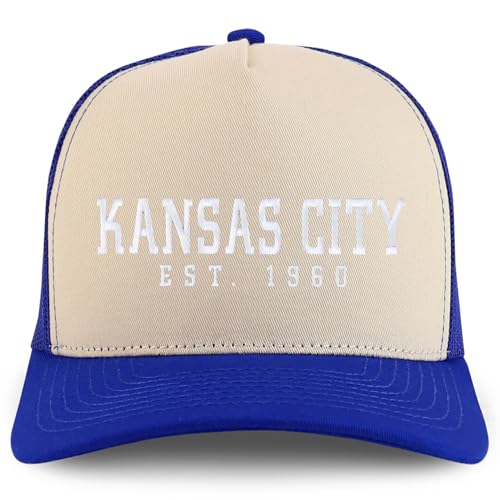 Trendy Apparel Shop KansasCity Est.1960 Embroidered 5 Panel Snapback Trucker Cap - color: Stone Royal