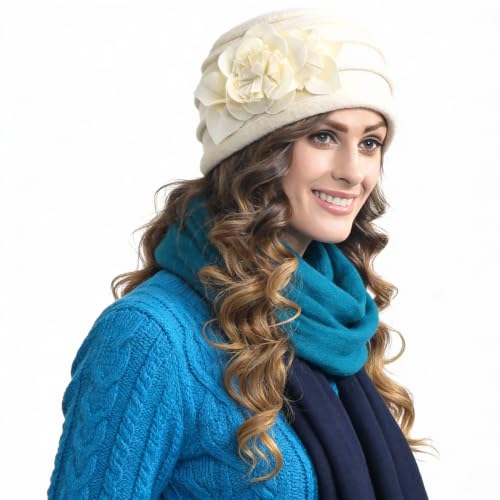 Vintage Women Floral Wool Dress Cloche Winter Hat 1920s - color: C022-d-ivory