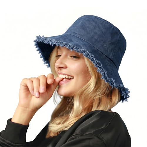 CHOK.LIDS Frayed Bucket Hat Washed Cotton Floppy Wide Brim Boonie Cap - color: Blue Jean