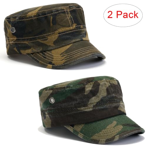 2 Pack Military Caps for Men Women, Washed Cotton Cadet Army Hats - color: Green Camouflage+brown Camouflage