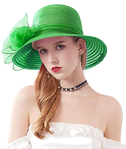 Z&X Organza Church Fascinator Wedding Tea Party Derby Hats for Women Flower Wide Brim Sun Hats - color: 06c Green