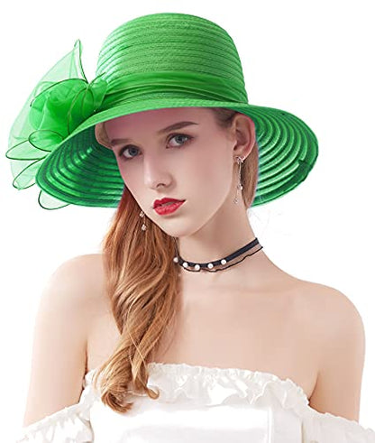 Z&X Organza Church Fascinator Wedding Tea Party Derby Hats for Women Flower Wide Brim Sun Hats - color: 06c Green