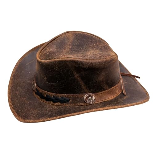 Brown Vintage Leather Cowboy Hat, Western Rodeo Outback Wide Brim Hat for Men & Women - size: X-Large