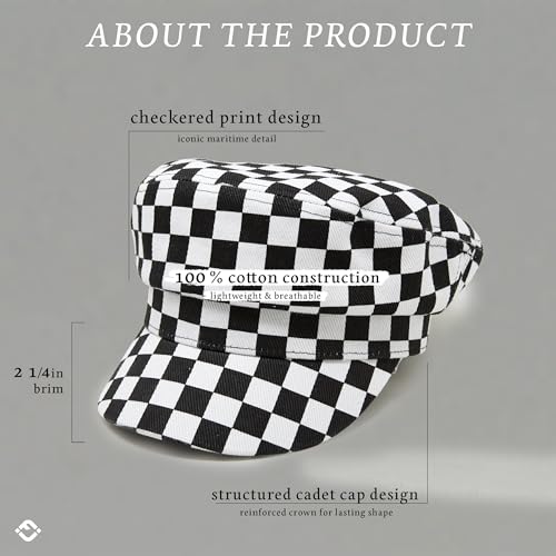 Funky Junque Greek Fisherman Newsboy Cap, Cotton Captains Bakerboy Hat - color: Checker - White/Black
