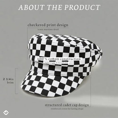 Funky Junque Greek Fisherman Newsboy Cap, Cotton Captains Bakerboy Hat - color: Checker - White/Black