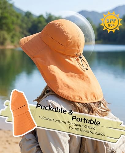 Home Prefer UPF 80+ Sun Hat for Men Women Wide Brim Sun Hat with Neck Flap Summer Beach UV Protection Gardening Fishing Hat - color: Muskmelon Orange