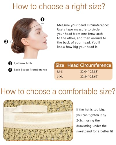 Sun Hats for Women, Summer Beach Straw Wide Brim Bucket Hat - color: Light Beige, size: Large