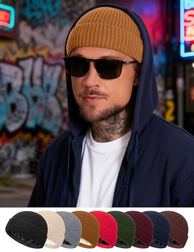 Fleece Lined Wool Short Fisherman Beanie Men Women Cuff Winter Hat - color: 1pc-camel