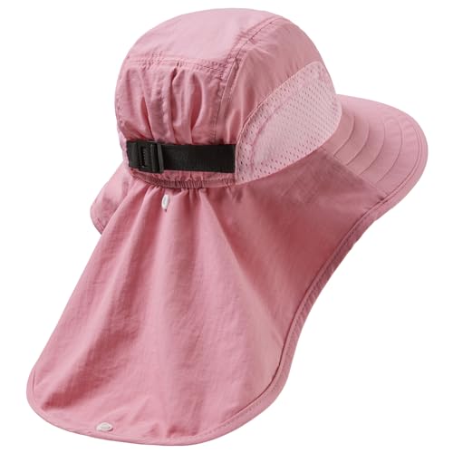 BASSDASH Kids UPF 50+ Wide Brim Sun Hat with Neck Flap Lightweight Cooling Performance Toddler Girls Boys Outdoor Play Hats - color: Pink, size: Small