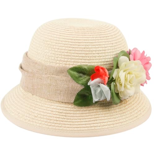 Women's Gatsby Linen Cloche Hat with Lace Band and Flower - color: Cl2796 Natural