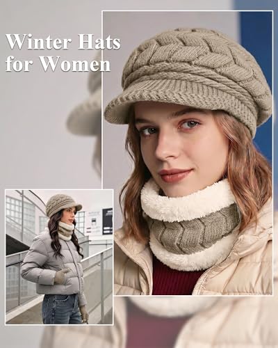 Loritta 3 in 1 Womens Winter Hat Gloves Scarf Set, Warm Hat Mittens - color: Coffe