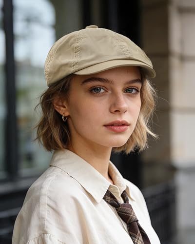 Clakllie Cotton Newsboy Cap Lightweight Short Brim Golf Flat Cap for Men Vintage Ivy Irish Hat Classic Gatsby Driving Beret - color: Cdus-dbl242-beige